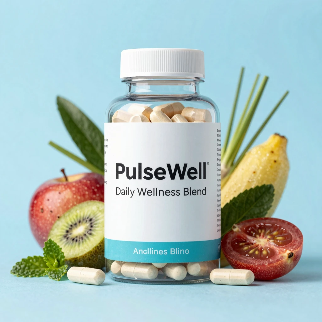 PulseWell supplement bottle with gold accent label on a deep gradient background